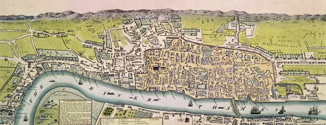 Londinium Antiqua, karta över London, pub. av William Darton, 1563 (handfärgad gravyr)